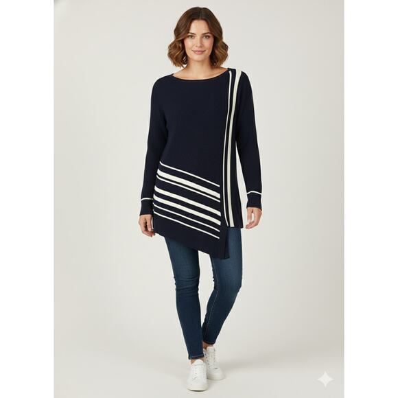 Chico's Women's M‎ Nautical Coastal Preppy Artsy Asymmetrical Hem Tunic Sweater - Picture 2 of 11